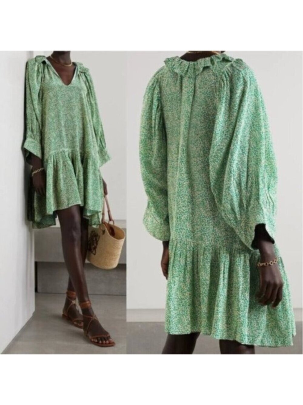 NWT Evarae Marais Printed Ruffled Printed 100% Organic Silk Dress